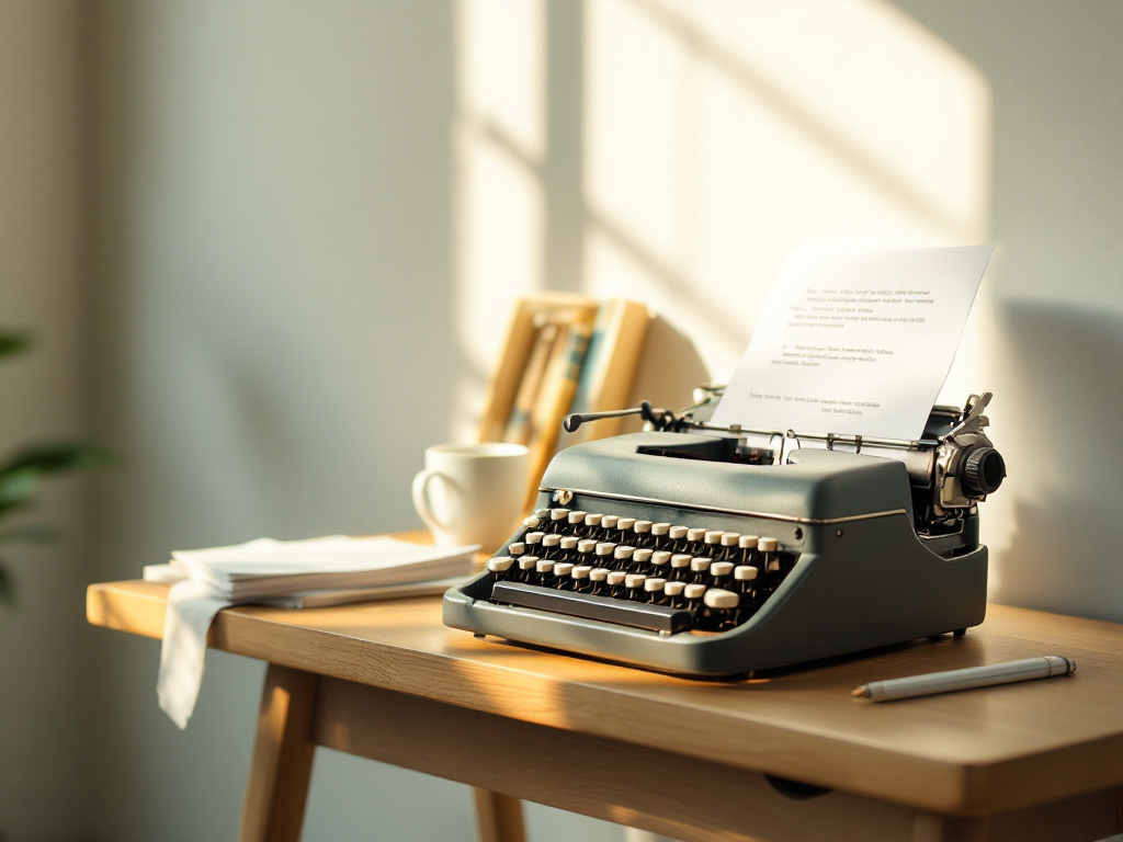 Vintage typmachine met getypt vel papier op een houten bureau, in zacht middaglicht