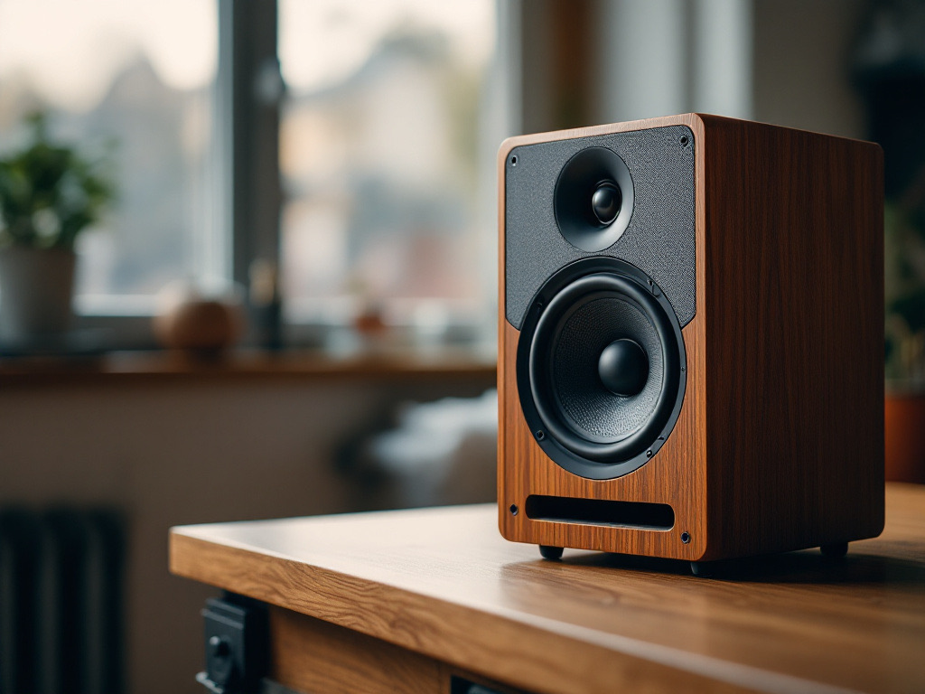 Vintage studiomonitor met houten cabinet op een bureau in warm middaglicht